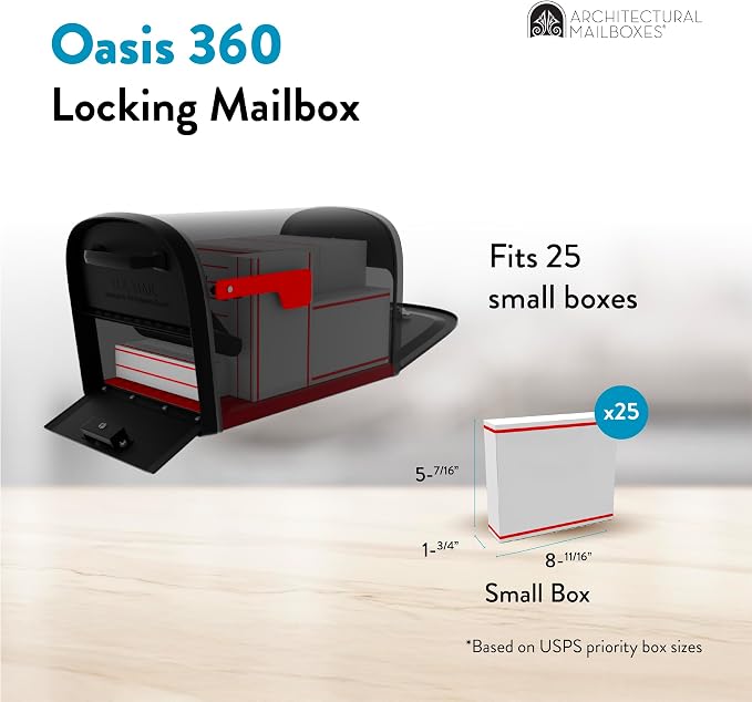 Architectural Mailboxes 6300B-10 Oasis 360 Locking Parcel Mailbox, Extra Large, Black, 6300B-10 | Galvanized steel build with a secure steel cam lock, dual access doors, and hopper delivery door. USPS approved.