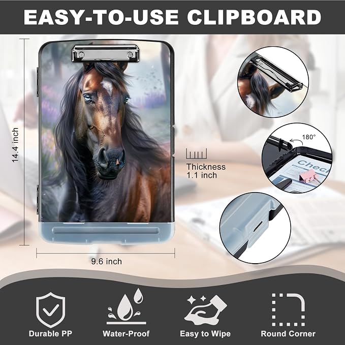 Clipboard with Storage,Storage Clipboard with Pen Holder,Heavy Duty Plastic Storage Clipboard with Low Profile Clip,Teacher Must Haves,Clipboard Folder,Office Supplies,Beautiful Brown Horse