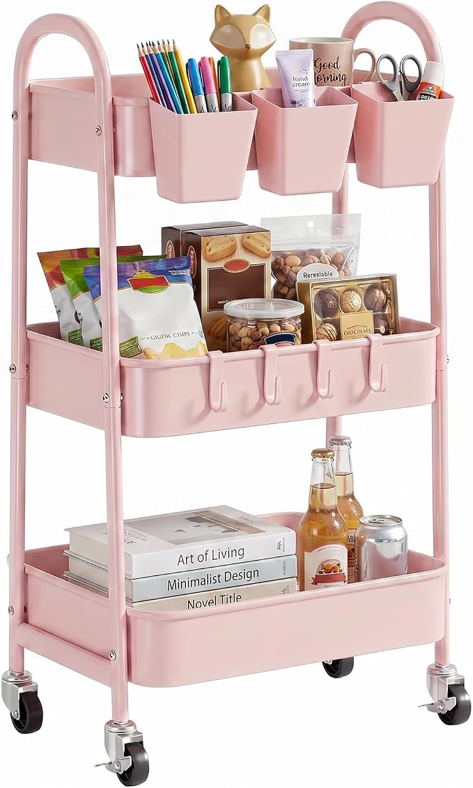 3-Tier Rolling Cart, Utility Cart Mobile Metal Rolling Storage Cart with Lockable Wheels & Hanging Cups & Hooks for Kitchen, Bathroom, Office, Workshop, Pink