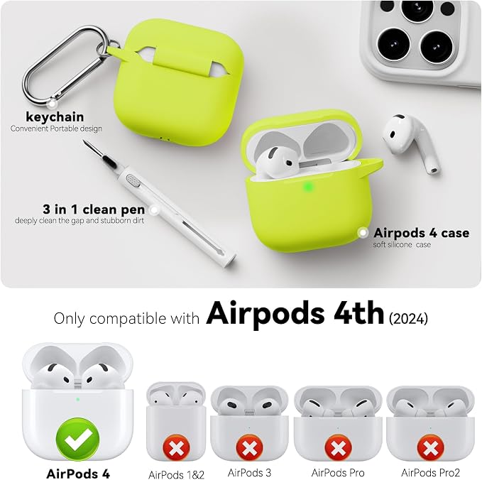 for AirPods 4 Case 2024 with Cleaner Kit & Keychain-Neon Green | Silicone Protective Cover for Apple AirPods 4th Generation Case,for Women Men,One-Piece Design,Shockproof,Dust Proof