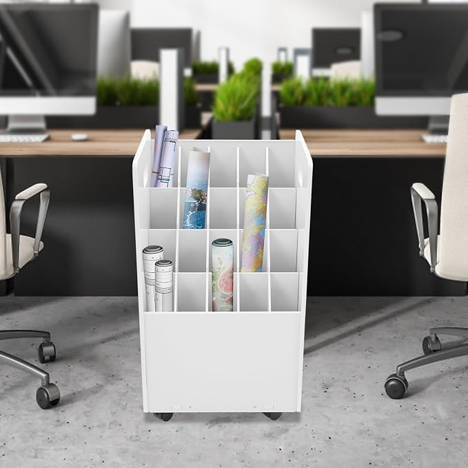 Blue Print Storage Organizer with Wheels, 20 Slots Mobile Blueprint Storage Rack Cart, Construction Plan Holder Roll Files Cart Map Poster Storage Cabinet for Office Home School, White