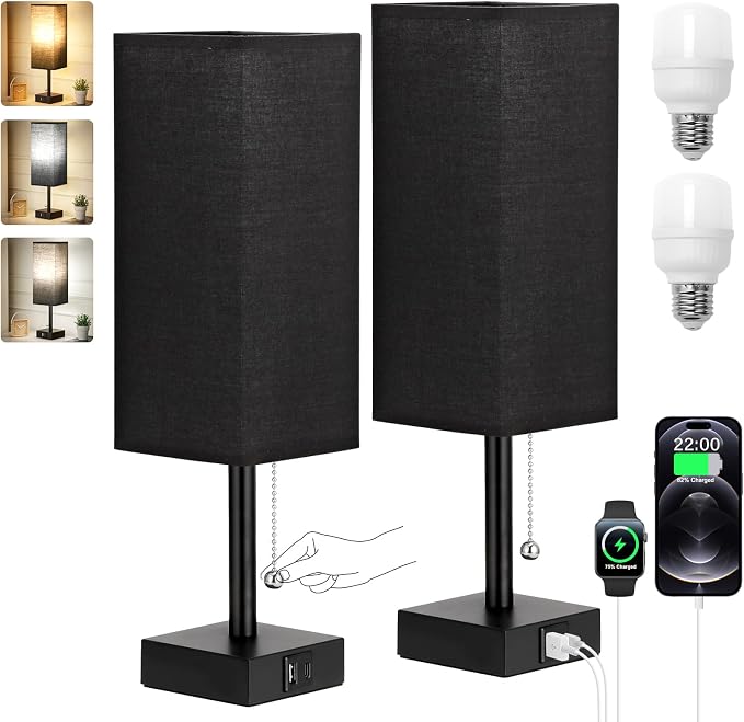Set of 2 Black Bedside Table Lamps for Bedroom - Nightstand Lamp, USB C+A | Pull Chain Lamp, 3 Color Modes(3000K/4000K/5000K), E26 LED Bulb Included, Square Black Fabric Lampshade, for Read, Work, Dorm