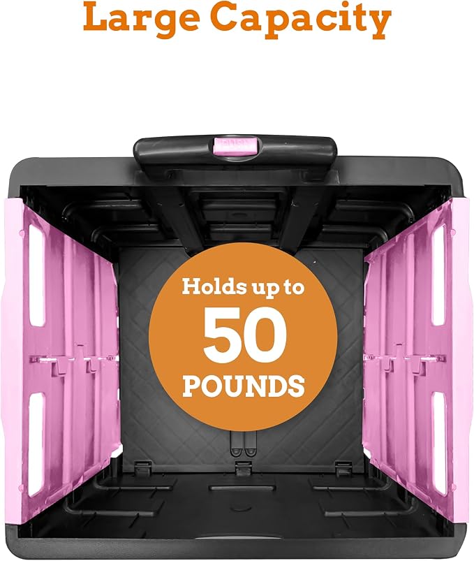 Ultra-Slim Rolling Collapsible Storage Pack-N-Roll Utility-carts, with Telescopic Handle, for Home, Garden, Shopping, Office, School use, Medium, Pink & Black