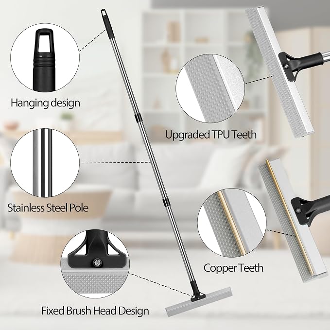 Carpet Rake for Pet Hair Removal, Dual-Action Hair Remover, Black | 2 in 1 TPU and Copper Rake Teeth, 54’’ Adjustable Long Handle, Reusable Cat & Dog Fur Broom for Carpets,Rugs, Mats,Car