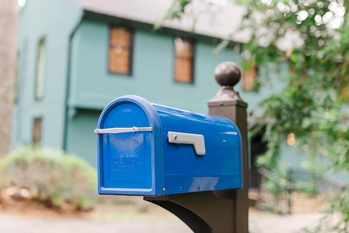 Architectural Mailboxes Chadwick Post Mount Mailbox, Blue, Medium | Galvanized steel build for outside with weather-resistant build and rust-resistant powder-coat finish. USPS approved.