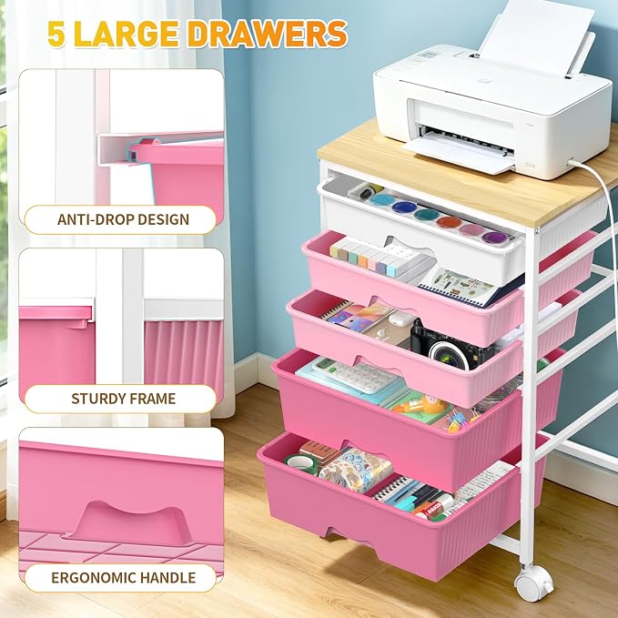 SUNALLY Rolling Carts with 5 Drawers, Storage Drawer Carts for Craft, Pink | Rolling Utility Cart with Wooden Tabletop & 2 Lockable Wheels, Teacher Storage Cart for Classroom School, Makeup, Nail, Art