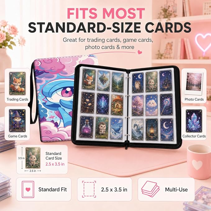 1008 Cute Card Binder 9 Pocket, 3-Ring Trading Card Binder with 56 Page Removable Sleeves, High Storage Waterproof Trading Card Holder Collection Card Album Organizer Case for TCG Cards - Blue