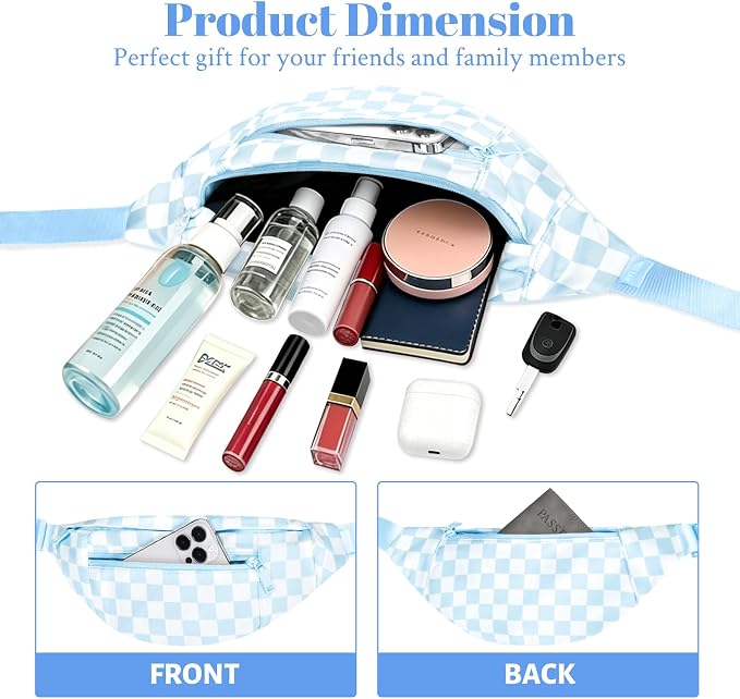 Blue Checkered Fanny Pack for Women Men Waist Bag with Adjustable Strap | Blue and White Checkered, Fashion,Large Capacity,Hands-Free ,Idea for Enjoy Shopping Sports Traveling Running Casual
