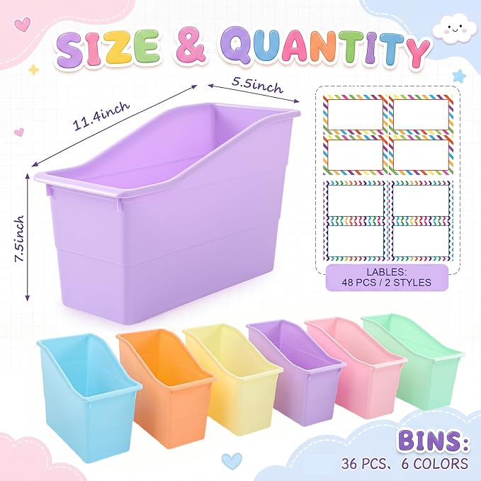 Blosssound 36 Set Book Bins for Classroom Stackable,Pastel | Plastic Baskets with Labels, Slanted Front, Library Supplies Organizers, Desktop Storage Bins, Teachers Home School Use