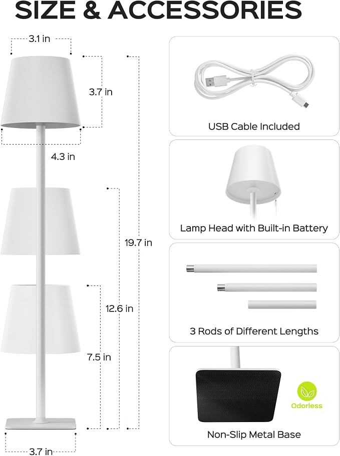JACKYLED Cordless Lamp DIY Height, 3 Color Stepless Dimming, 5000Capactiy Opwer Operated Lamp Portable Rechargeable for Bedroom Dinning Kitchen, White, 2 Pack