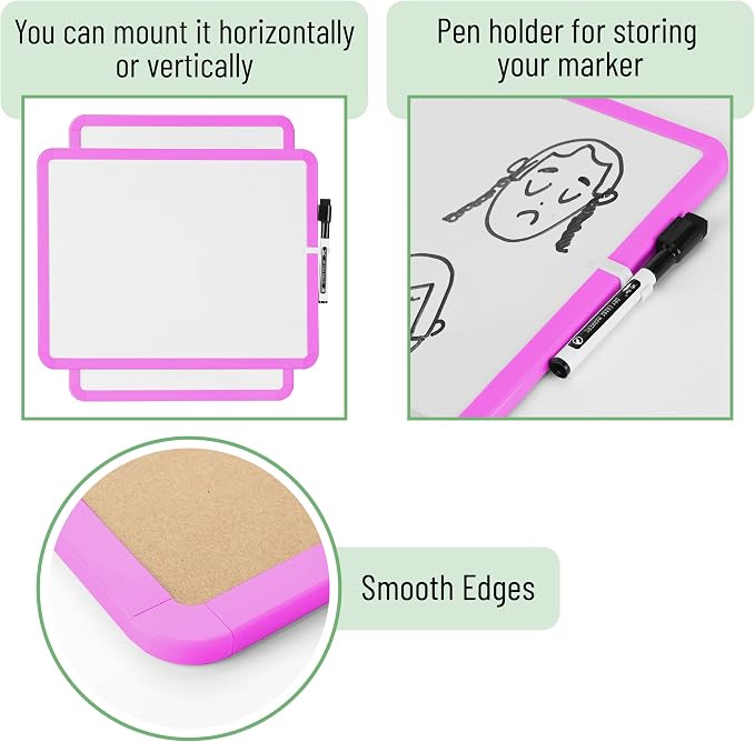 Mr. Pen- Dry Erase Board, 14” x 11” with a Black Dry Erase Marker | Orchid Frame, Small Mini White Board for Students, Fridge, Wall, Locker, Includes Double Sided Tapes