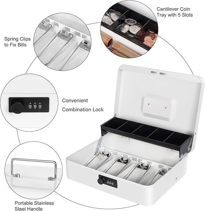 Cash Box with Combination Lock, Metal Money Box for Cash Register, Large Cash Lock Box for Money Safe 11.8" x 9.4" x 3.54" White