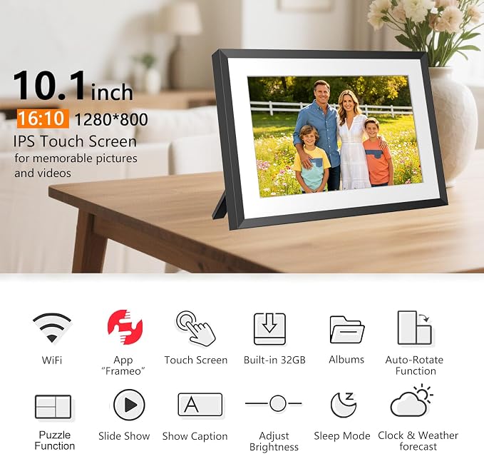 32GB FRAMEO 10.1 Inch Smart WiFi Digital Photo Frame 1280x800 IPS LCD Touch Screen, Auto-Rotate Portrait and Landscape, Share Moments Instantly via Frameo App from Anywhere