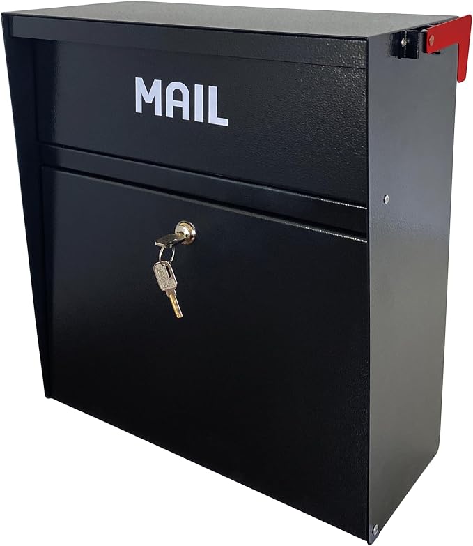 Locking Wall-Mount Large Mailbox with Outgoing Mail Flag | Galvanized Steel Rainproof Outdoor Mailbox for Homes, Apartments, Offices & Businesses, Black