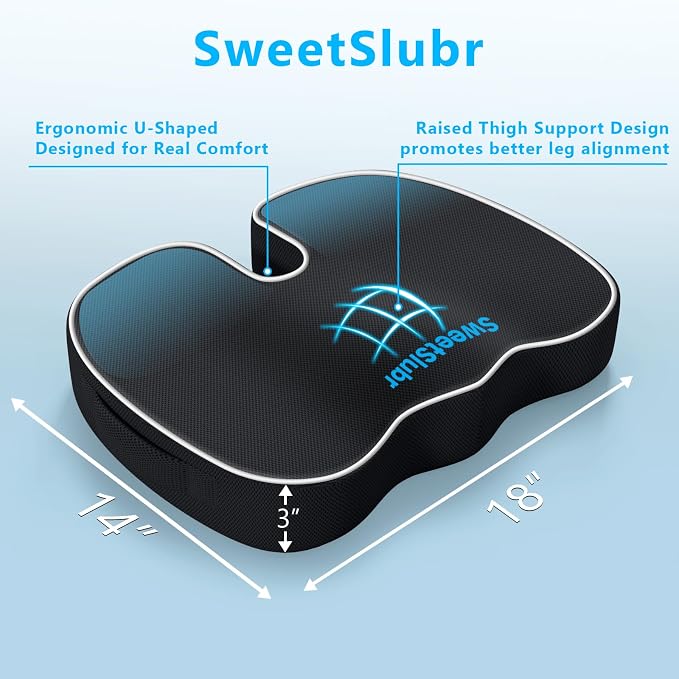 SweetSlubr Memory Foam Seat Cushion & Lumbar Support Pillow Set Black Large | U-shaped Cushion Design, Washable Mesh Cover, Adjustable Straps, Non-slip Base, Office Chair and Car Seat Use