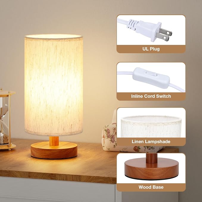Small Table Lamps (Cream Shade - Walnut Base, 9" Inline Control) | 3000K LED Blub Included | 680 Lumens | Easy Assembly | Minimalist Design | E26 | for Kitchen | for Kids Room