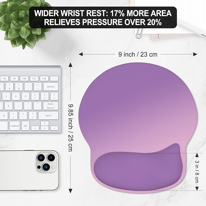 ITNRSIIET Ergonomic Mouse Pad with Wider Memory Foam Wrist Rest +17% - Curved Cushion Reduces Pressure 20%, Pain Relief, Non-Slip, Smooth, Cute Colors, 9.85 x 9 in, Purple Pink Gradient