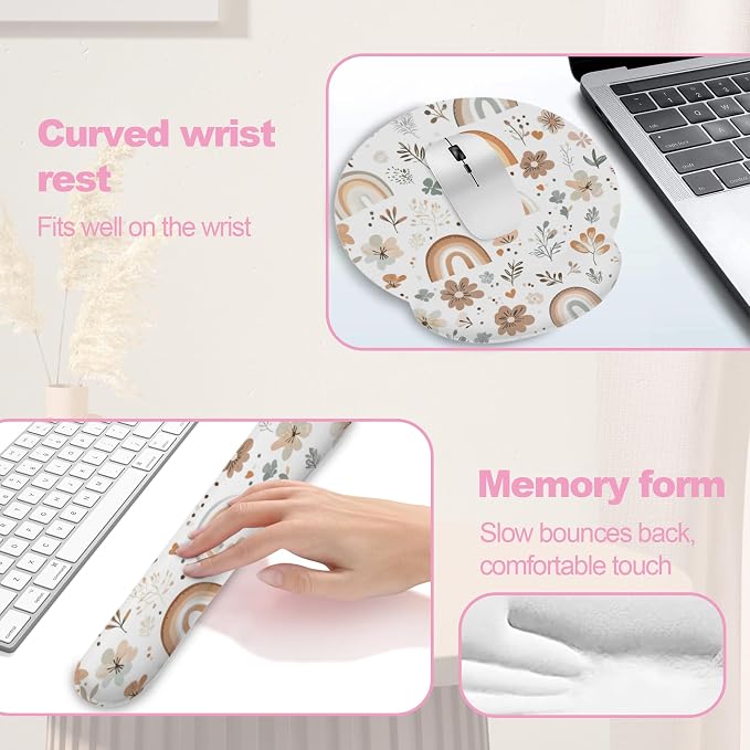 Cute Rainbow Flower Boho Keyboard Wrist Rest Pad Mouse Pad Set,Ergonomic Mousepad Wrist Support Memory Foam Desk Pad for Gaming Office,Non-Slip Rubber Base Easy Typing for Home Office Computers