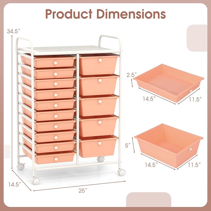 COSTWAY 15 Drawer Rolling Storage Cart, Mobile Storage Organizer | Removable Drawers & Metal Frame, Multipurpose Utility Tools Paper Organizer on Wheels for Home, Office (Peach)