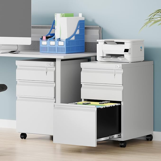 3 Drawer File Cabinet, Fully Assembled Mobile File Cabinets with Lock for Home Office, Metal Rolling Filing Caninet on Wheels, Three Drawer Under Desk Cabnet for Letter/Legal / A4 - White