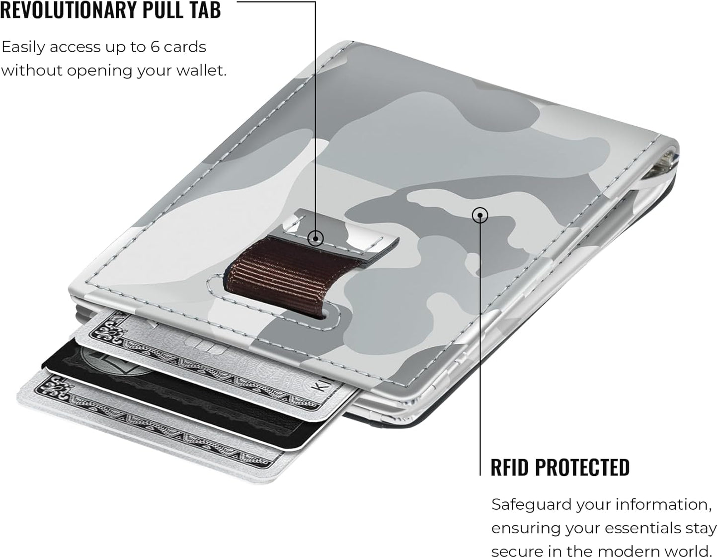 Kings Loot Money Clip Slim Minimalist Wallet for Men – RFID Blocking Leather Design with Money Clip – Front Pocket Bifold Holds 12 Cards – Stylish & Compact Wallets (Camo White)