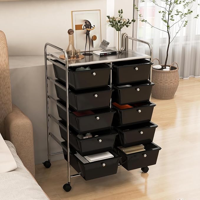 10 Drawer Rolling Cart, Storage Cart Organizer on Wheels, Drawer Cart with Metal Frame & Large Storage Capacity, Rolling Cart with Drawers for Living Room Classroom, Office