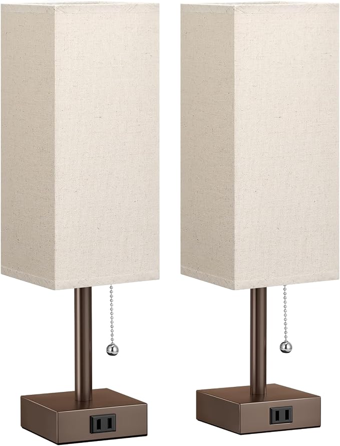 Bedside Lamp for Bedroom Set of 2 - Table Desk Lamp for Nightstand | AC Outlet, 3 Color Temperatures, LED Bulb Included, Pull Chain Design, 14" Rectangular Desk Lamp for Dorm/Office, 2-Pack