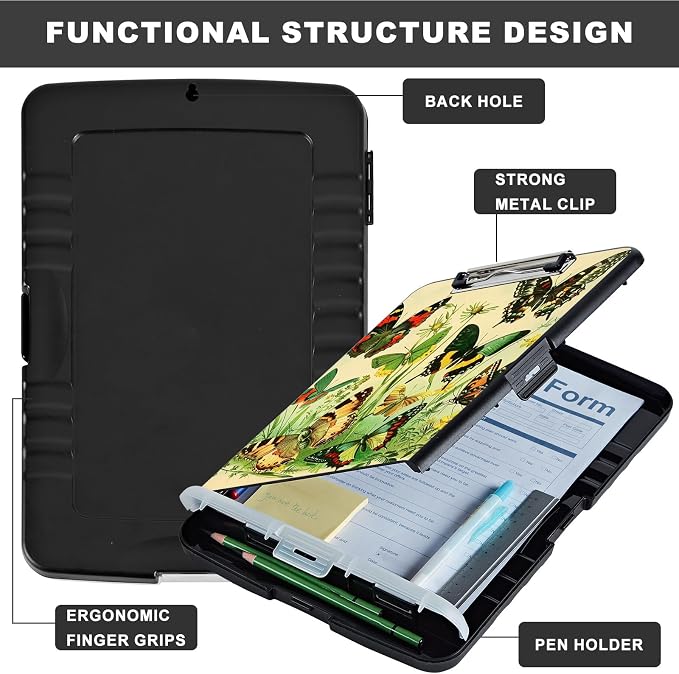 Clipboard with Storage,Storage Clipboard with Pen Holder,Heavy Duty Plastic Storage Clipboard with Low Profile Clip,Teacher Must Haves,Clipboard Folder,Office Supplies,Butterfly Flower -1352
