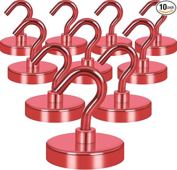 Neosmuk Magnetic Hooks, Heavy Duty 130lb+ Strong Magnet Hook for Cruise Cabins, Cruise Essentials 2026 for Hanging, Metal Wall Refrigerator Hangers (Red, 10 Pack)