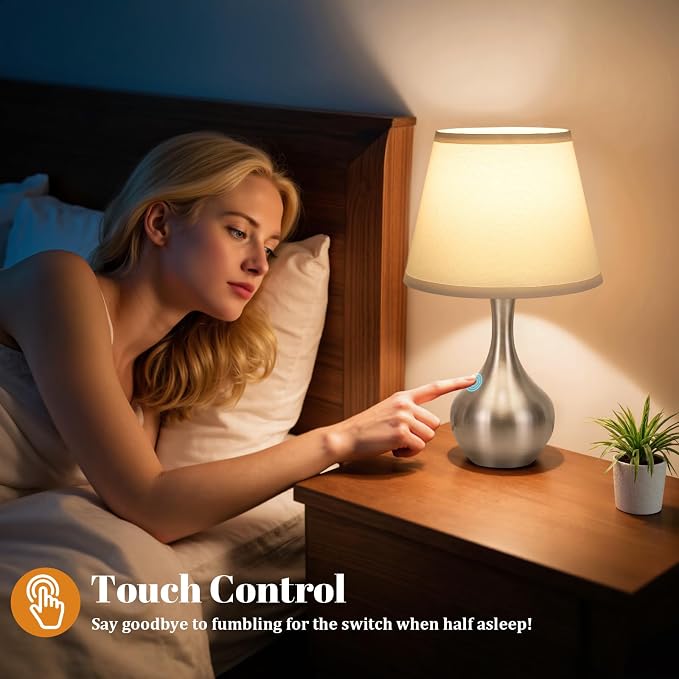 16.1" Touch Table Lamp for Nightstand, 3 Way Dimmable Small Bedroom Lamp | Touch Control, Bulb Included, Silver Bedside Lamps for Desk, Night Stands, Living Room, End Table, Corded