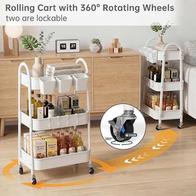 3-Tier Rolling Cart, Utility Cart Mobile Metal Rolling Storage Cart with Lockable Wheels & Hanging Cups & Hooks for Kitchen, Bathroom, Office, Workshop, White