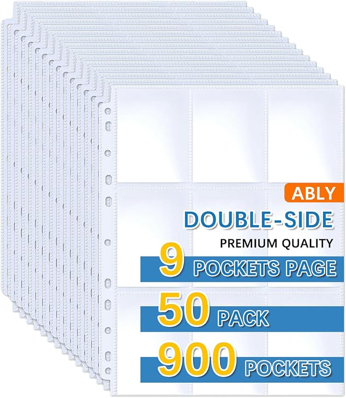 900 Pockets Baseball Card Sleeves, ABLY Double Side 9-Pocket Trading Card Binder Sleeves Page Protectors Sheet for Skylanders, Pokemon, Top Trumps for 3 Ring Binder(50 Pages)