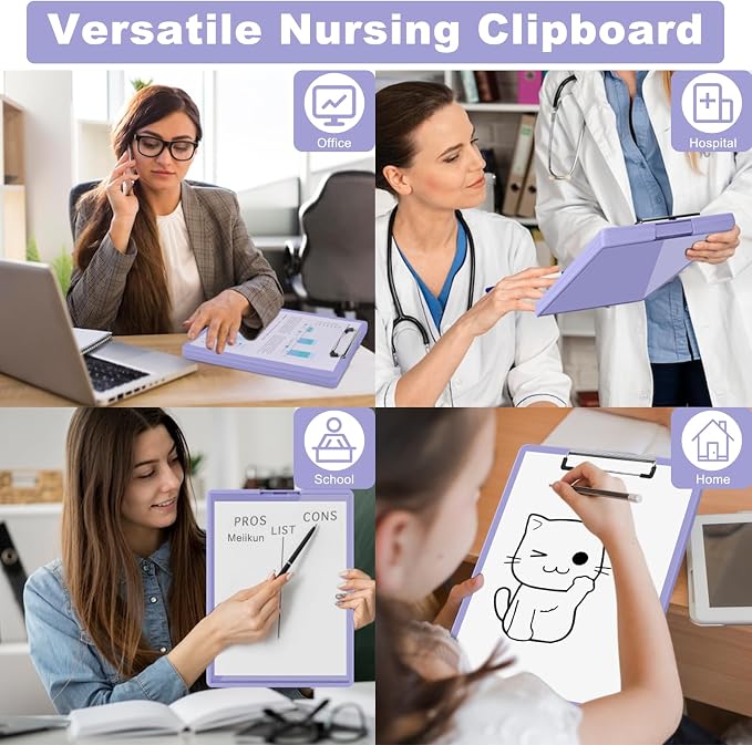 Meiikun Clipboard with Storage, Plastic Clip Boards 8.5x11 Folder with Clear Panel for Dry Erase Quick Reference, Clip Board Storage Clipboards Case for Teacher School Office Supplies (Pale Purple)