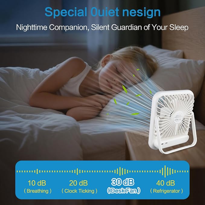 QLKUNLA 100-Speed Ultra-Quiet Desk Fan for Sleeping, 6.8" Rechargeable Portable Fan with LED Display, 180° Adjustable Head & Tripod Base - Battery/USB Powered Mini Fan for Office, Cruise, Travel