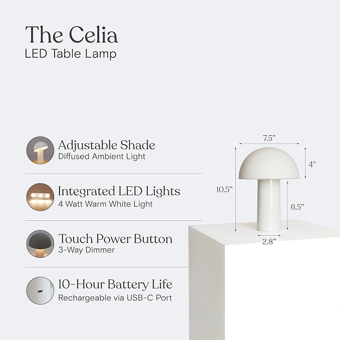 Brightech Celia Table Lamp – 10" Touch-Controlled Mushroom Small Lamp, Cordless & Dimmable LED, Portable Bedside Night Light, Sustainable Mood Light, Recycled Modern Patio Lamp for Home Décor – Cream