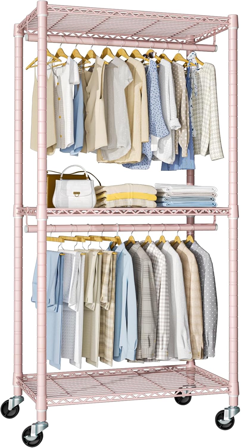 P1 Medium Heavy-Duty Portable Closet, 30" W x 14" D x 76" H, Metal Rolling Clothing Rack, Pink