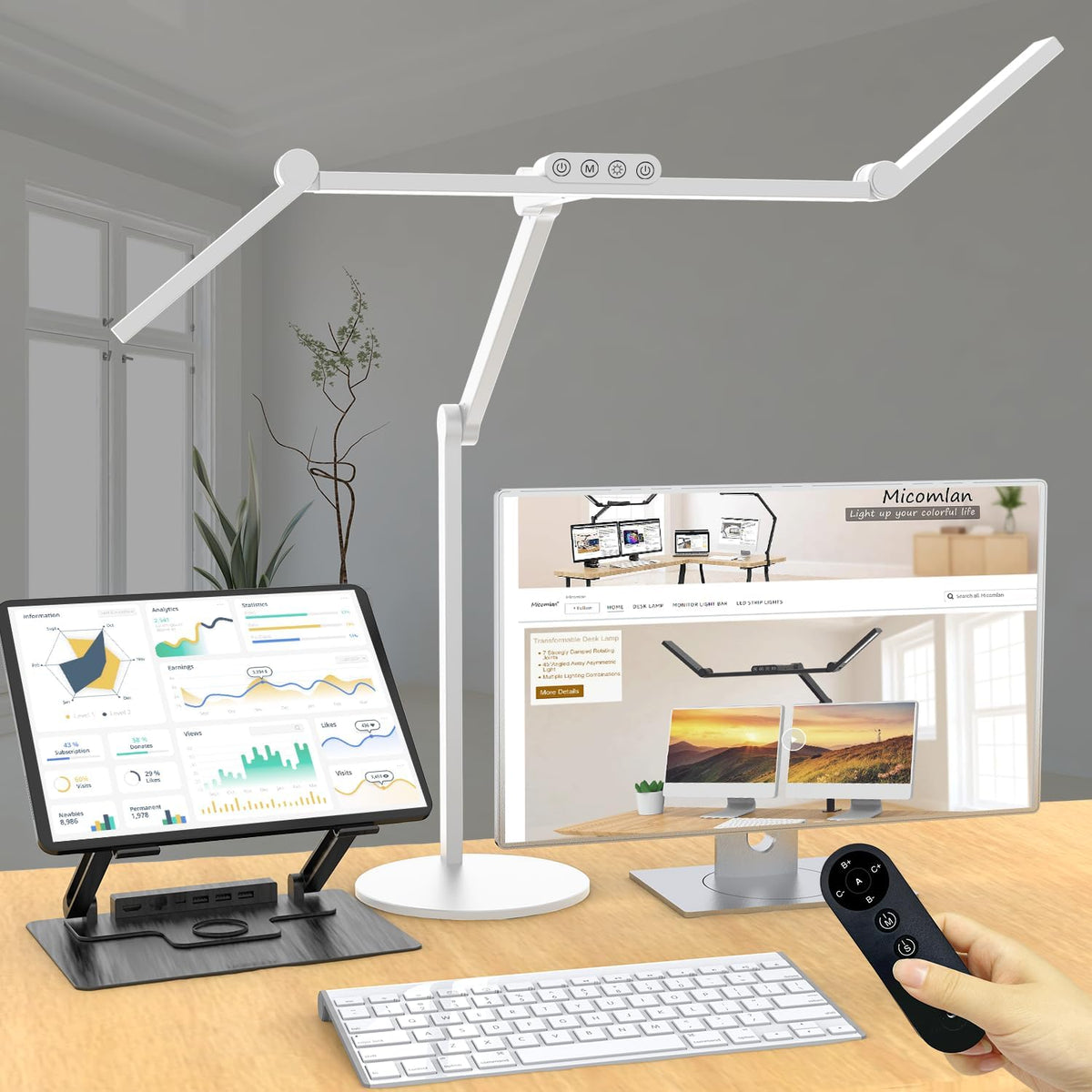 Micomlan Architect Desk Lamp for Home Office, 24W Adjustable Led Desk Light with Remote, 1500LM Bright Dimmable Computer Table Light Rotatable Office Lamp with Base for Cafting Monitor
