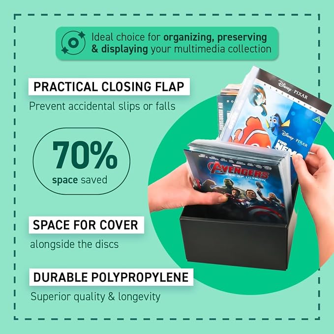 Tarifold Double DVD Storage Sleeves with Felt, Holds 2 Discs, 50 Pack | Holds 2 DVDs, cover art and booklet, protective felt insert, durable polypropylene, scratch resistant, saves up to 70% space