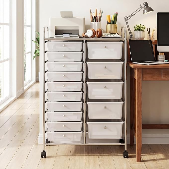 RELAX4LIFE 15-Drawer Rolling Storage Cart - Utility Cart with Metal Frame, Lockable Wheels & Removable Drawers, Multipurpose Art Craft Organizer for Home Office, Classroom (Clear)