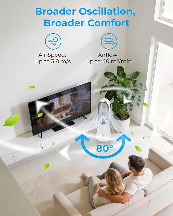 22" Small 32dB Silent Bladeless Tower Fan with Remote, Magnetic Washable Filter, LED Display, 8 Speed Settings, 80 Oscillation, 1-9H Timer, 30W Energy Saving for Indoor Use Bedroom and Office