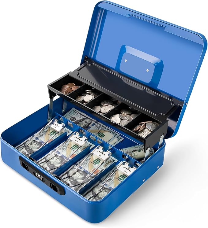 Jssmst Locking Cash Box with Coin Lid, 11.8L x 9.5W x 3.5H Inches, Latch Safe Money Box with Combination Lock, Blue