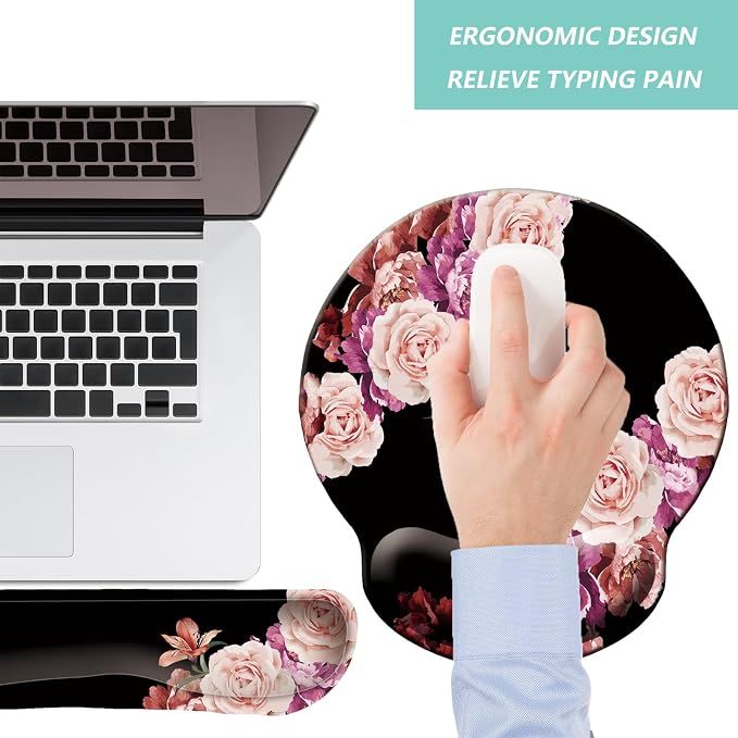 Keyboard Wrist Rest Pad Mouse Pad with Wrist Support Set of 3, Mousepad with Non-Slip Rubber Base, Ergonomic Memory Foam Mouse Wrist Cushion Support for Home Office Laptop Computer Gaming, Flowers
