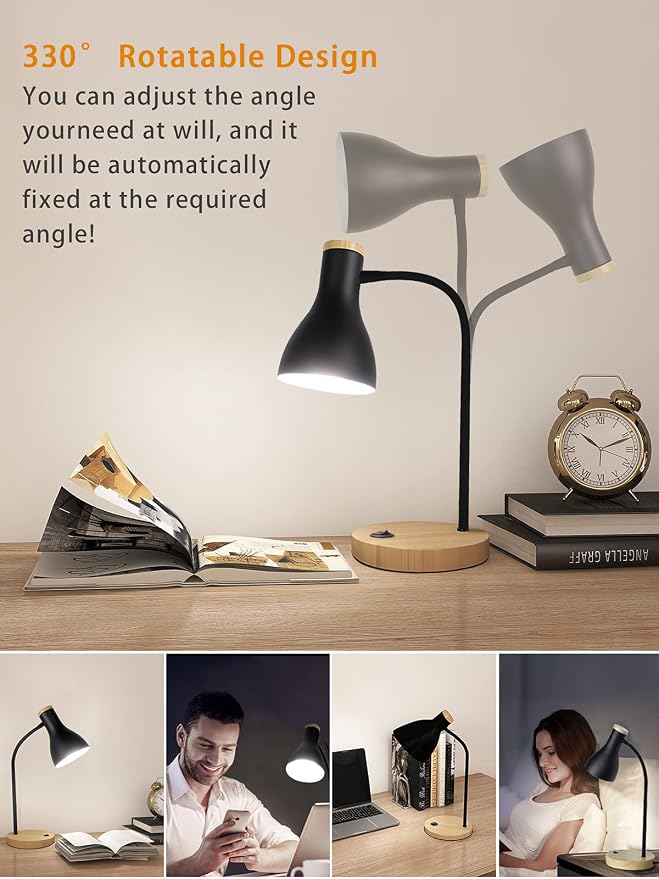 LALISU Metal Desk Lamp Table Lamp Reading Lights Arc Desk Lamps for Bedroom, Wood Base Bedside Lamp with Flexible Gooseneck for Study Room and Office (Wood Base+Black)