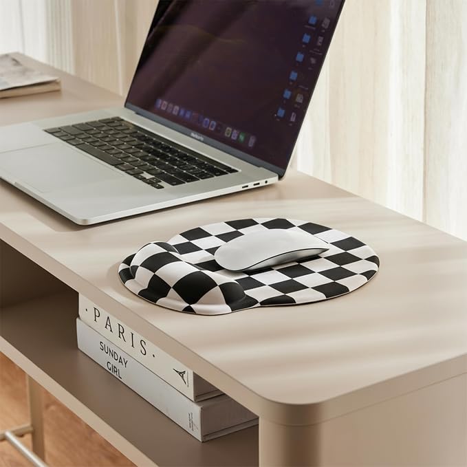 Ohocut Black White Checkered Mouse Pad with Gel Wrist Rest, Wrist Support, Ergonomic Desk Accessories for Women, Office Laptop Gaming Decor, Cute Aesthetic Check Design