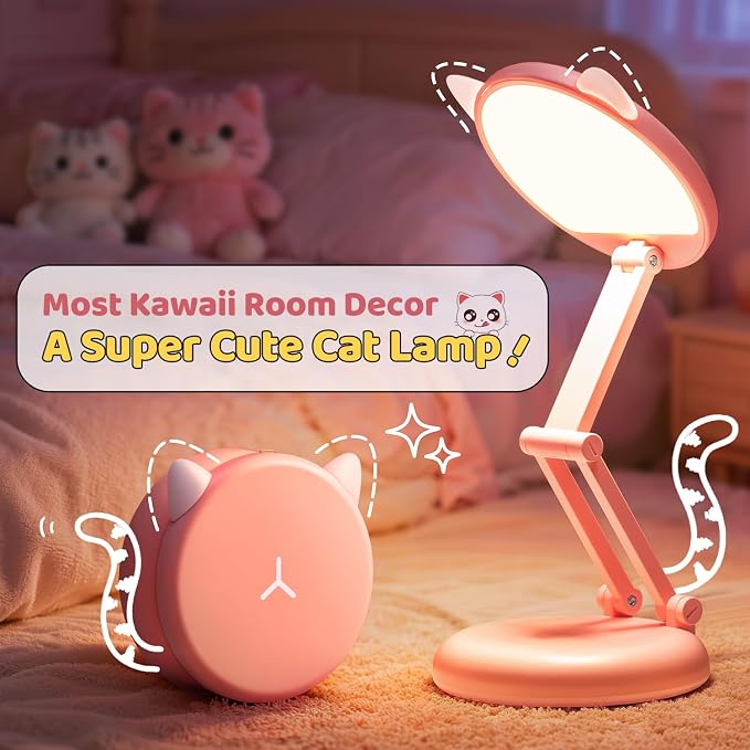 One Fire Cute Desk Lamp Pink Dorm Lamps for College Girls Foldable Portable Rechargeable Dimmable Cute Cat Lamp Kawaii Room Decor,College Dorm Decor for Girls Pink Classroom Essentials