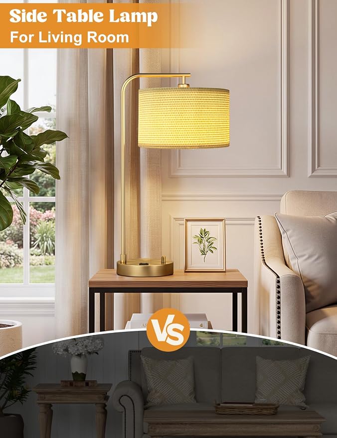 Innqoo Gold Table Lamp with Weaving lampshade, Table Lamp for Bedroom with USB Port and Outlet, Dimmable Nightstand Bedside Lamps with Linen Lampshade, Desk Lamp for Home Office, Living Room