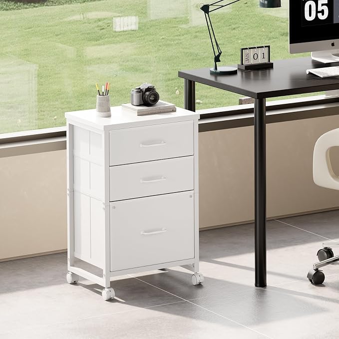 3 Drawer File Cabinet with Wheels with Open Storage Shelf, White | Rolling Printer Stand Fabric Lateral Filing Cabinet for Home Office