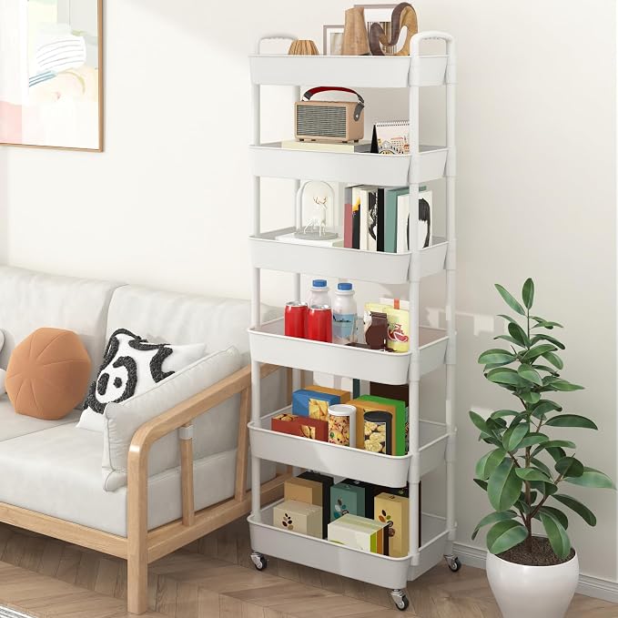 Sywhitta 6-Tier Plastic Rolling Utility Cart with Wheels for Storage,White | Multi-Functional Storage Trolley, for Office, Living Room, Kitchen, Bathroom,Movable Organizer,Space-Saving,Easy to assemble
