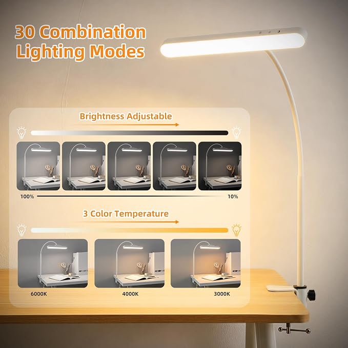 ShineTech Rechargeable Desk Lamp for Home Office,Magnetic Clip On Desk Lamp | 3 Color Modes & Stepless Dimming,Adjustable Gooseneck Lamp, Cordless, Long-Lasting Battery, Eye-Caring Wall Light for Reading