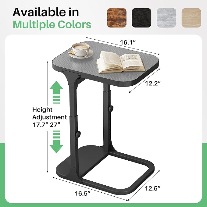 Kitstorack Height Adjustable End Table, Small Side Table for Couch, Sofa Table with Metal Frame for Living Room, Bedroom, Bedside C Shaped Table,Gray